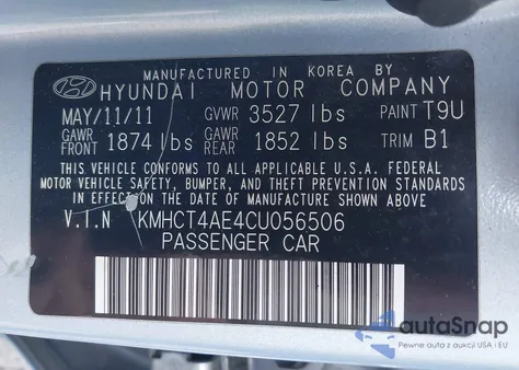 2012 Hyundai Accent Gls z USA, uszkodzony, nr VIN KMHCT4AE4CU056506